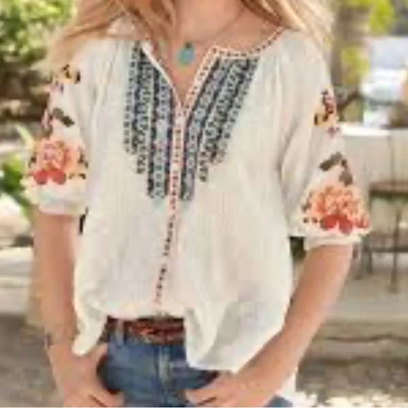Sundance Melody Peasant Floral Embroidered Blouse Johnny Boho Lace Popover Top - Picture 1 of 12